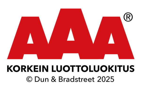 Punainen AAA-logo, jossa teksti "Korkein luottoluokitus" ja "Dun & Bradstreet 2025".