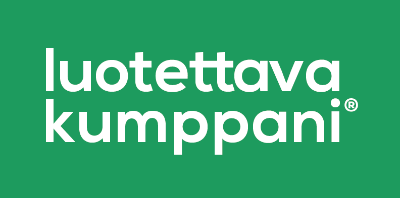 Valkoinen teksti "luotettava kumppani" vihreällä taustalla, jossa on rekisteröity tavaramerkki.
