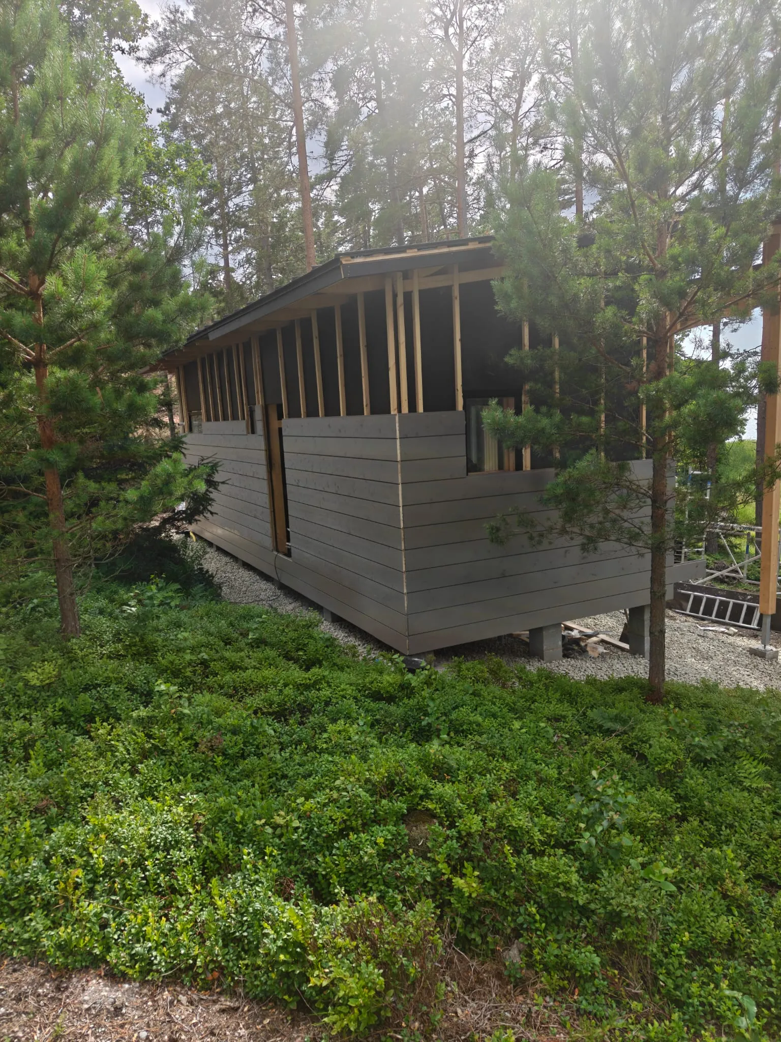 Metsäisessä ympäristössä on käynnissä puurakennuksen rakentamista, jossa näkyy harmaa ulkoverhous ja puurunko.