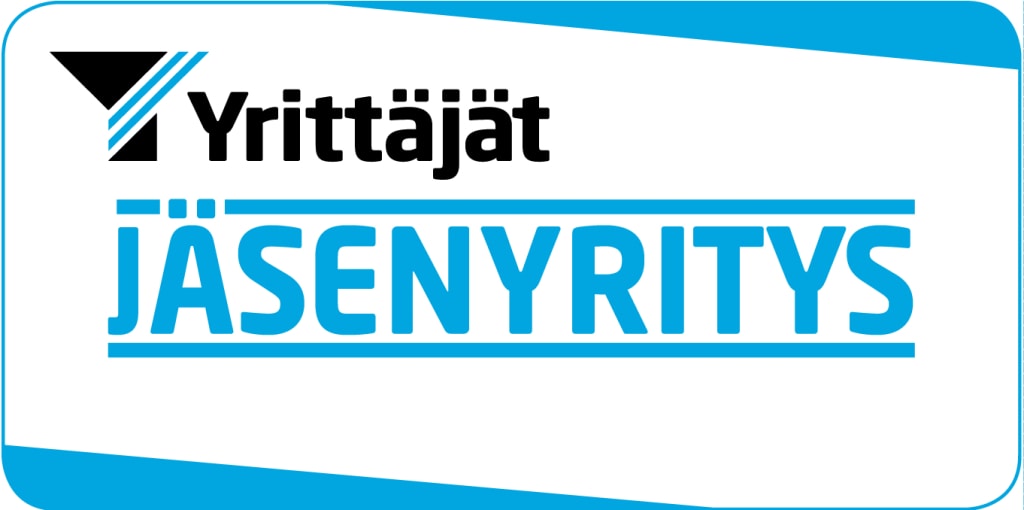 Valkoisella pohjalla sinivalkoinen Yrittäjät Jäsenyritys -logo, jossa musta Y-kirjain ja siniset viivat.